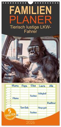 Familienplaner 2026 - Tierisch lustige LKW-Fahrer mit 5 Spalten (Wandkalender, 21 x 45 cm) CALVENDO
